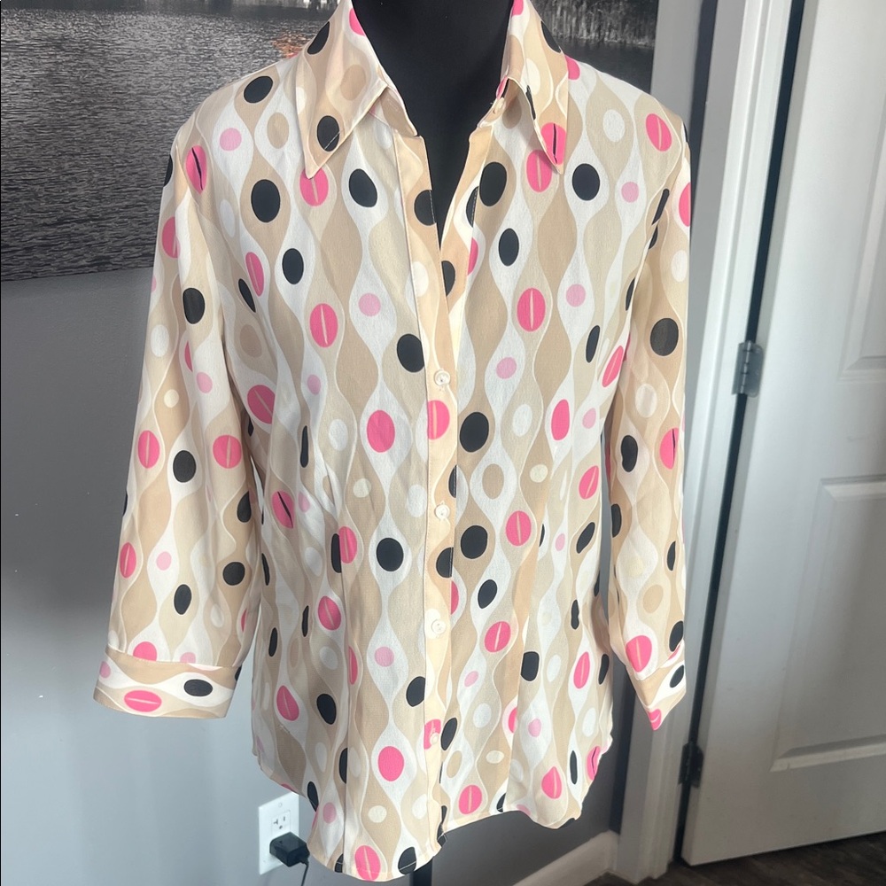 New York & Company Pink and Black Polka Dot Blouse